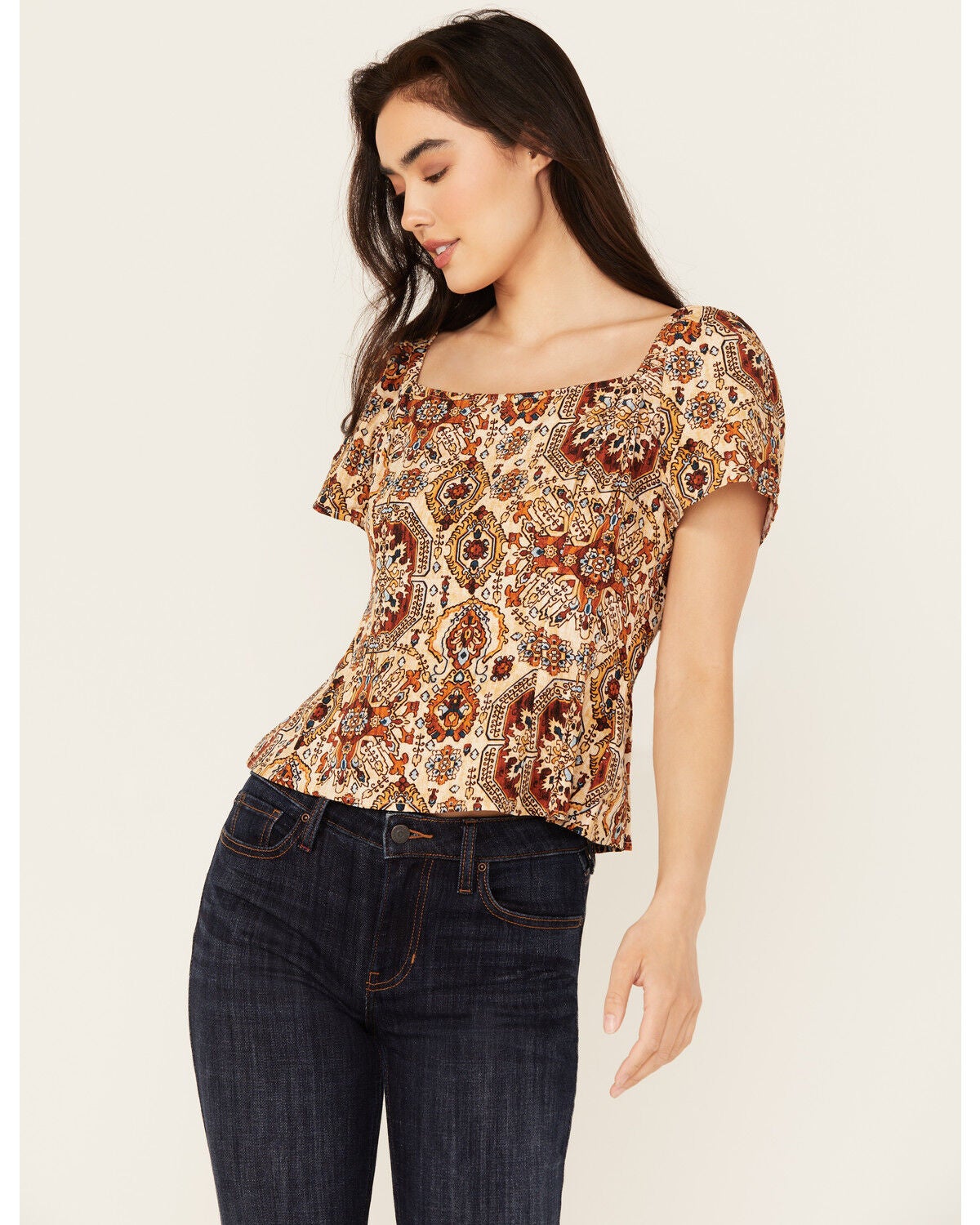 Idyllwind Women's Slaydon Tapestry Print Short Sleeve Shirt, Lt Brown, hi-res