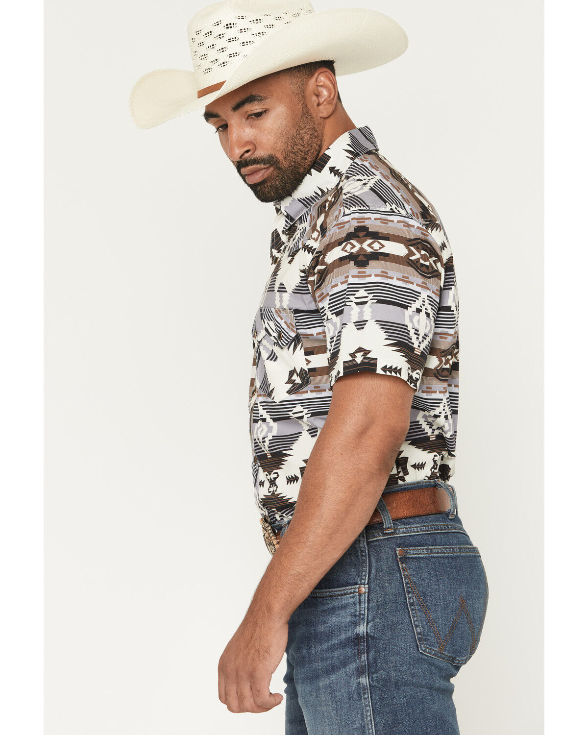Image #2 - Rock & Roll Denim Men's Dale Brisby Southwestern Print Short Sleeve Snap Stretch Western Shirt, Grey, hi-res