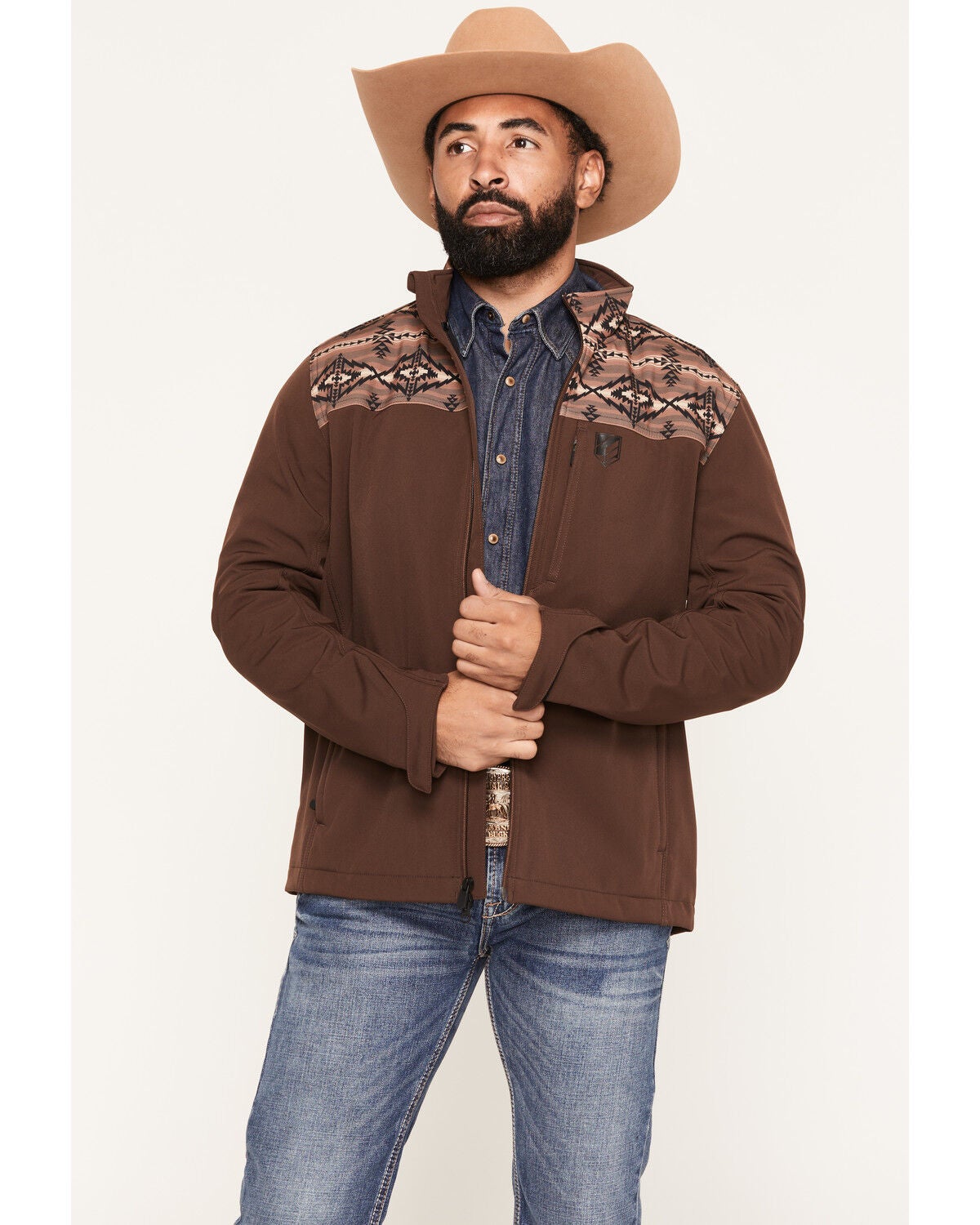 Image #1 - RANK 45&reg; Men's Fairfield Southwestern Yoke Softshell Jacket, Coffee, hi-res