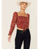 Lush Women's Red Abstract Print Ruched Drawstring Cropped Top, Red, hi-res