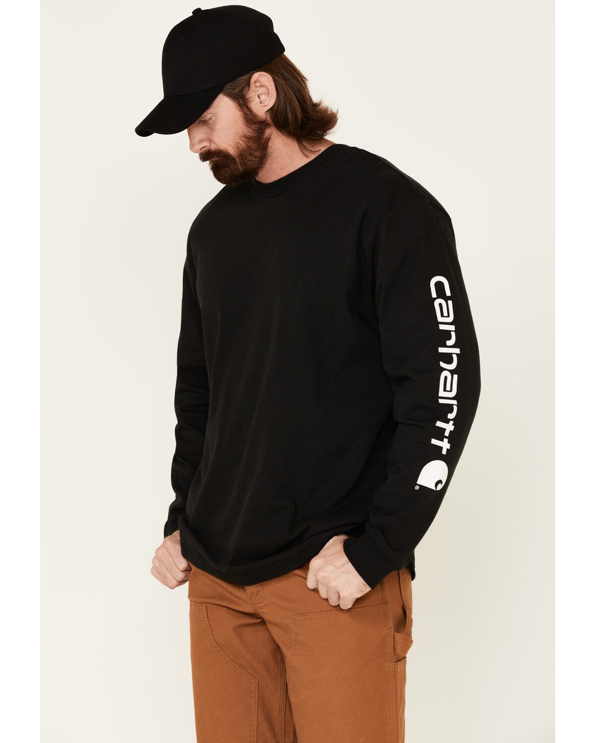 Carhartt Men's Loose Fit Heavyweight Long Sleeve Logo Graphic Work T-Shirt, Black, hi-res