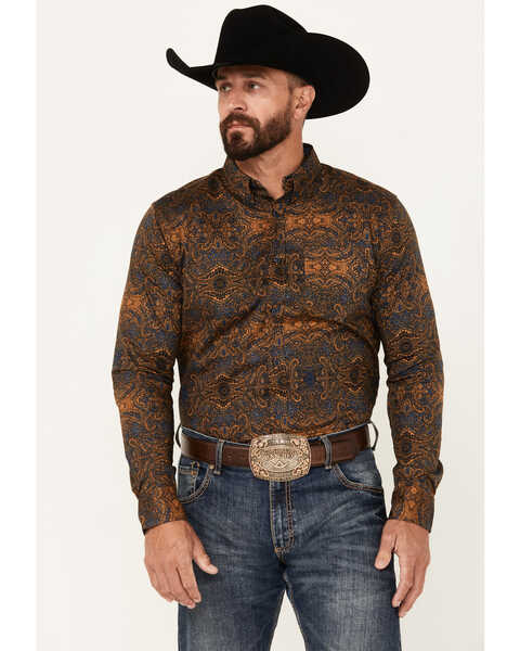 Cody James Men's Winding Roads Paisley Print Long Sleeve Button-Down Stretch Western Shirt - Big , Chocolate, hi-res