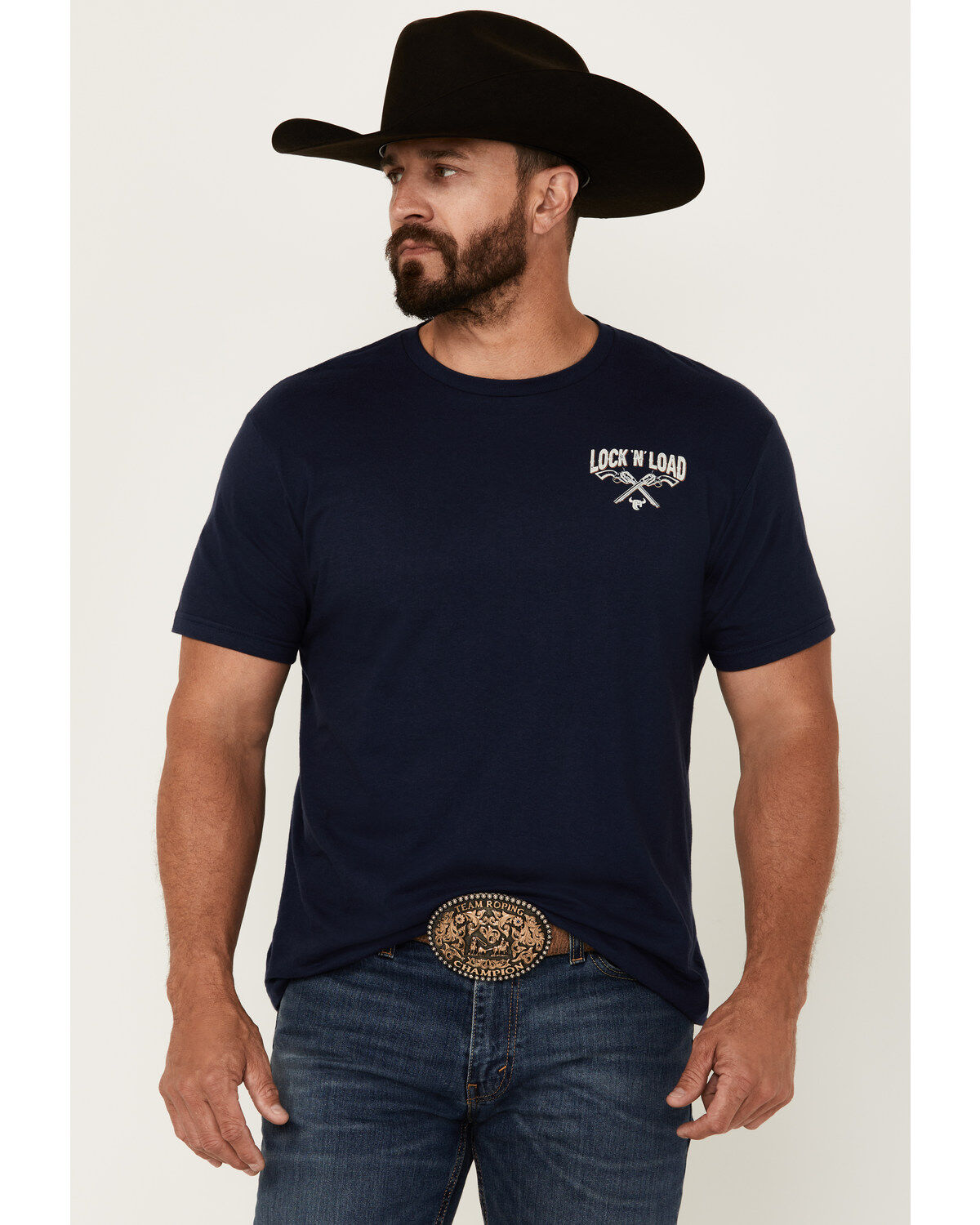 Image #2 - Cowboy Hardware Men's Lock & Load Short Sleeve Graphic T-Shirt, Navy, hi-res