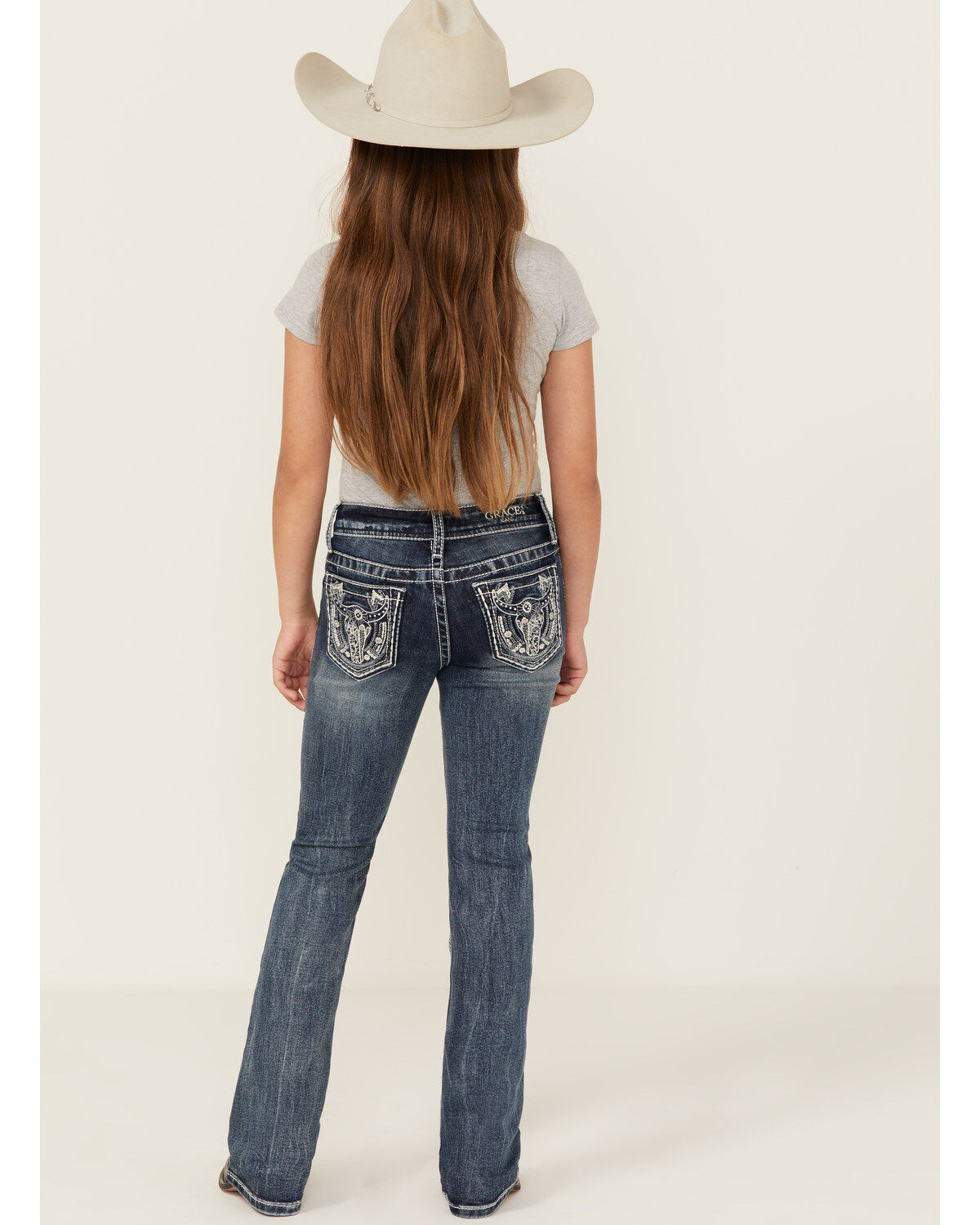 Grace in LA Girls' Medium Wash Horseshoe Pocket Bootcut