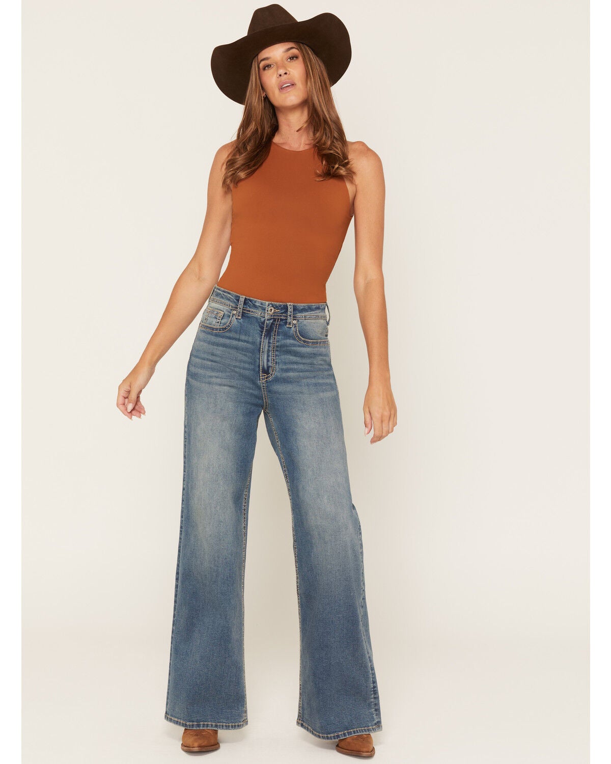 Image #3 - Grace in LA Women's  Medium Wash High Rise Horse Pocket 32" Trouser Stretch Denim Jeans, Medium Wash, hi-res