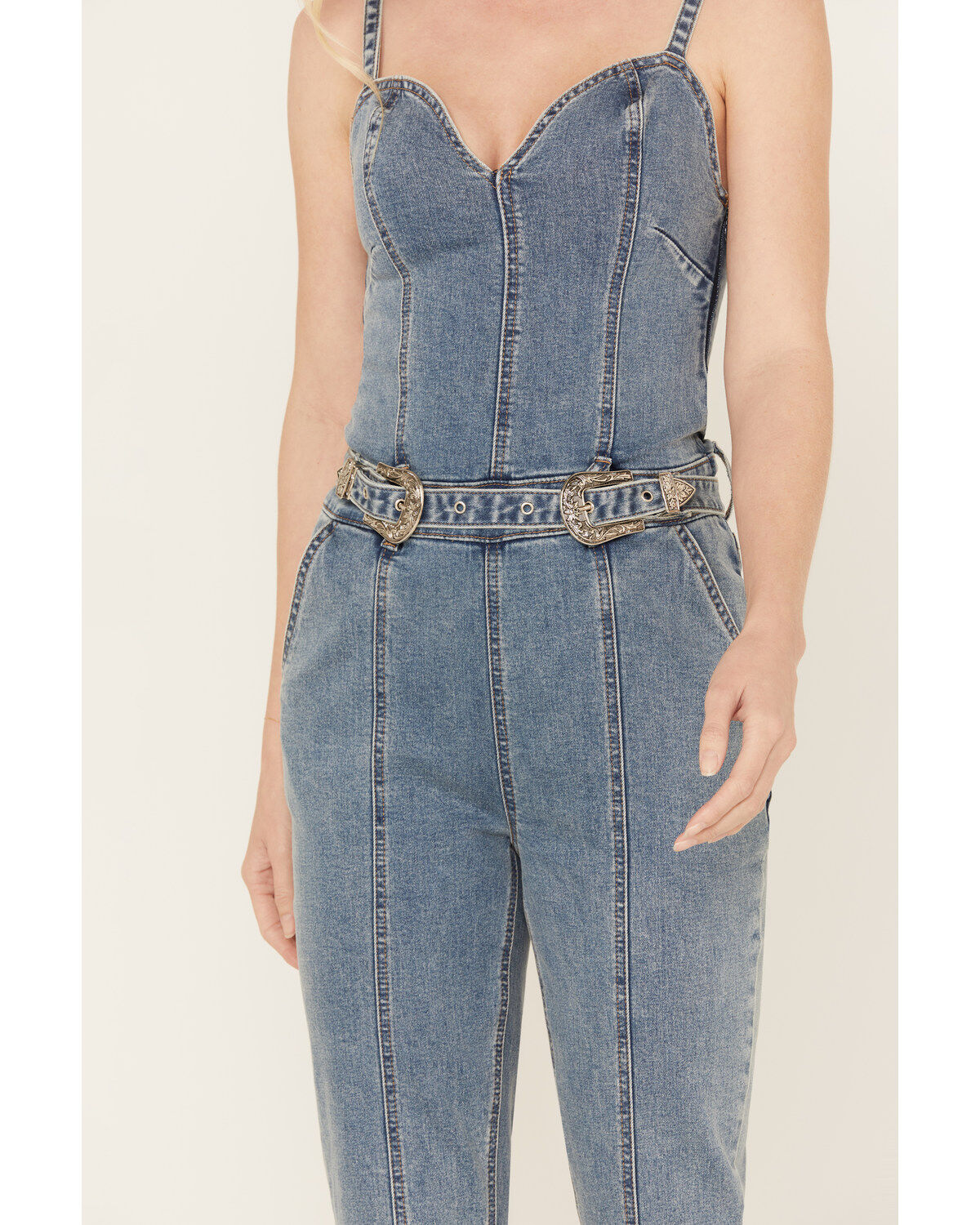 Image #4 - Rock & Roll Denim Women's Medium Wash Straight Leg Stretch Jumpsuit, Blue, hi-res