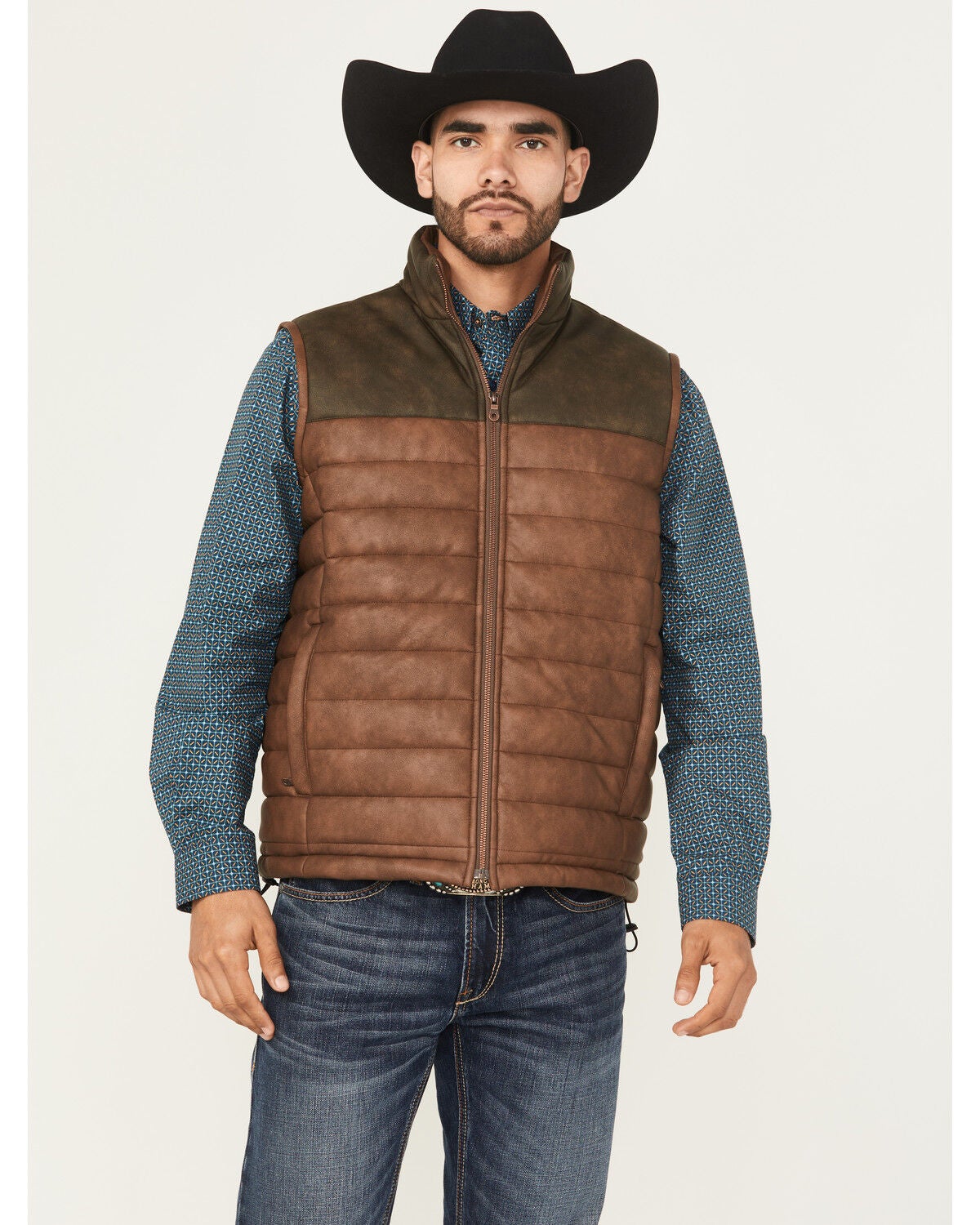 Image #1 - Cripple Creek Men's Faux Leather Puffer Vest, Brown, hi-res