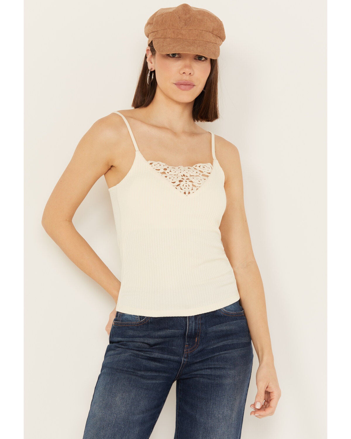 Shyanne Women's Crochet Rib Cami, Cream, hi-res