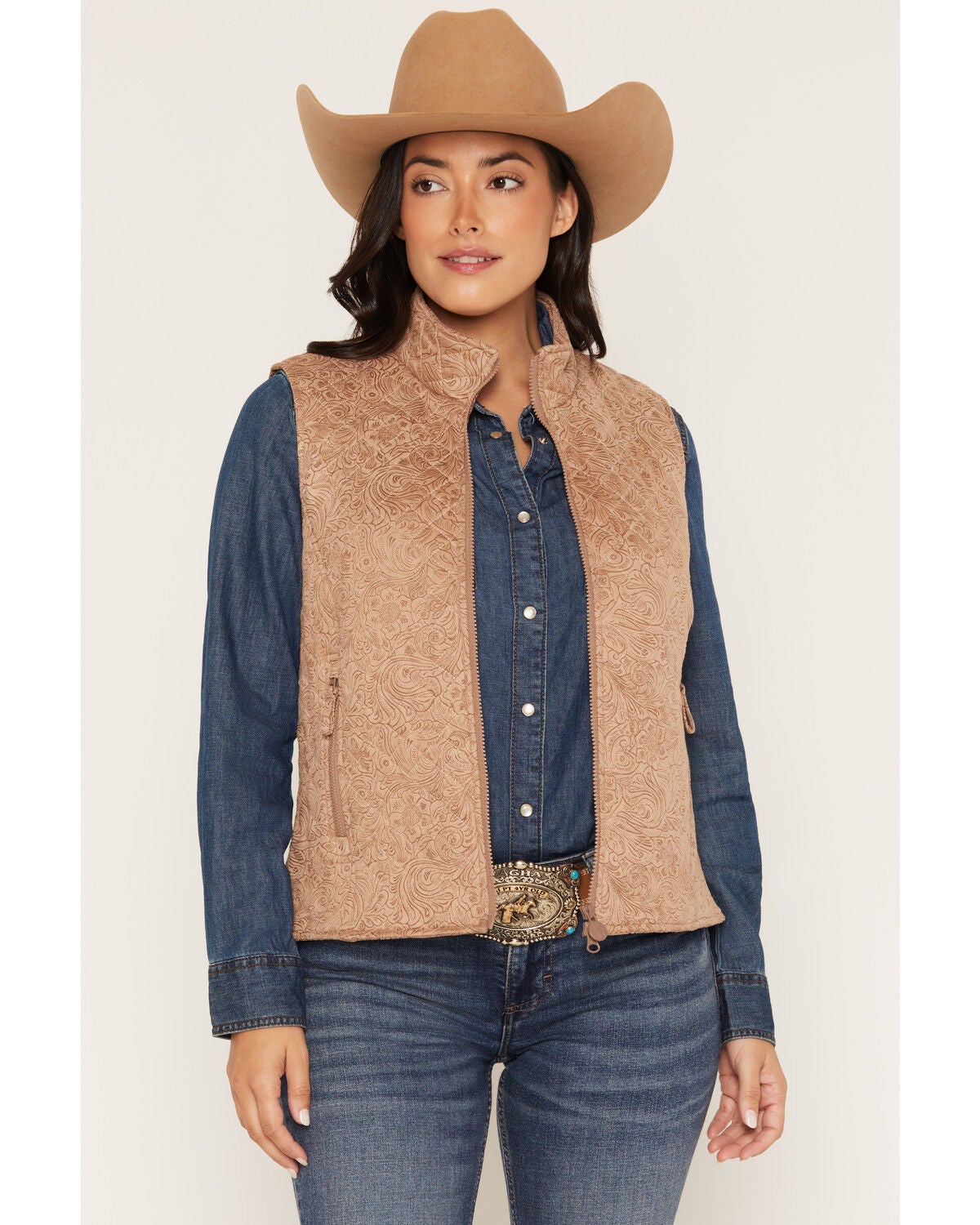 Outback Trading Co Women's Wilona Tooled Print Quilted Vest, Tan, hi-res