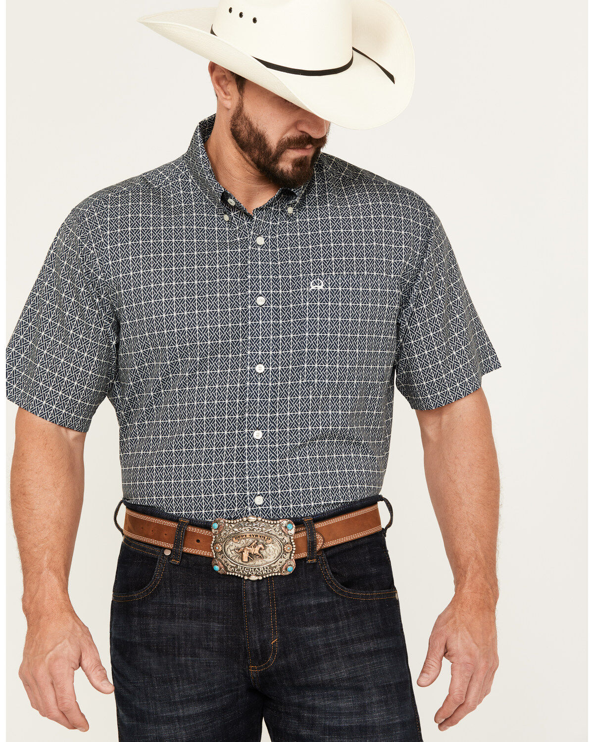 Image #1 - Cinch Men's ARENAFLEX Geo Print Short Sleeve Button Down Western Shirt, Navy, hi-res