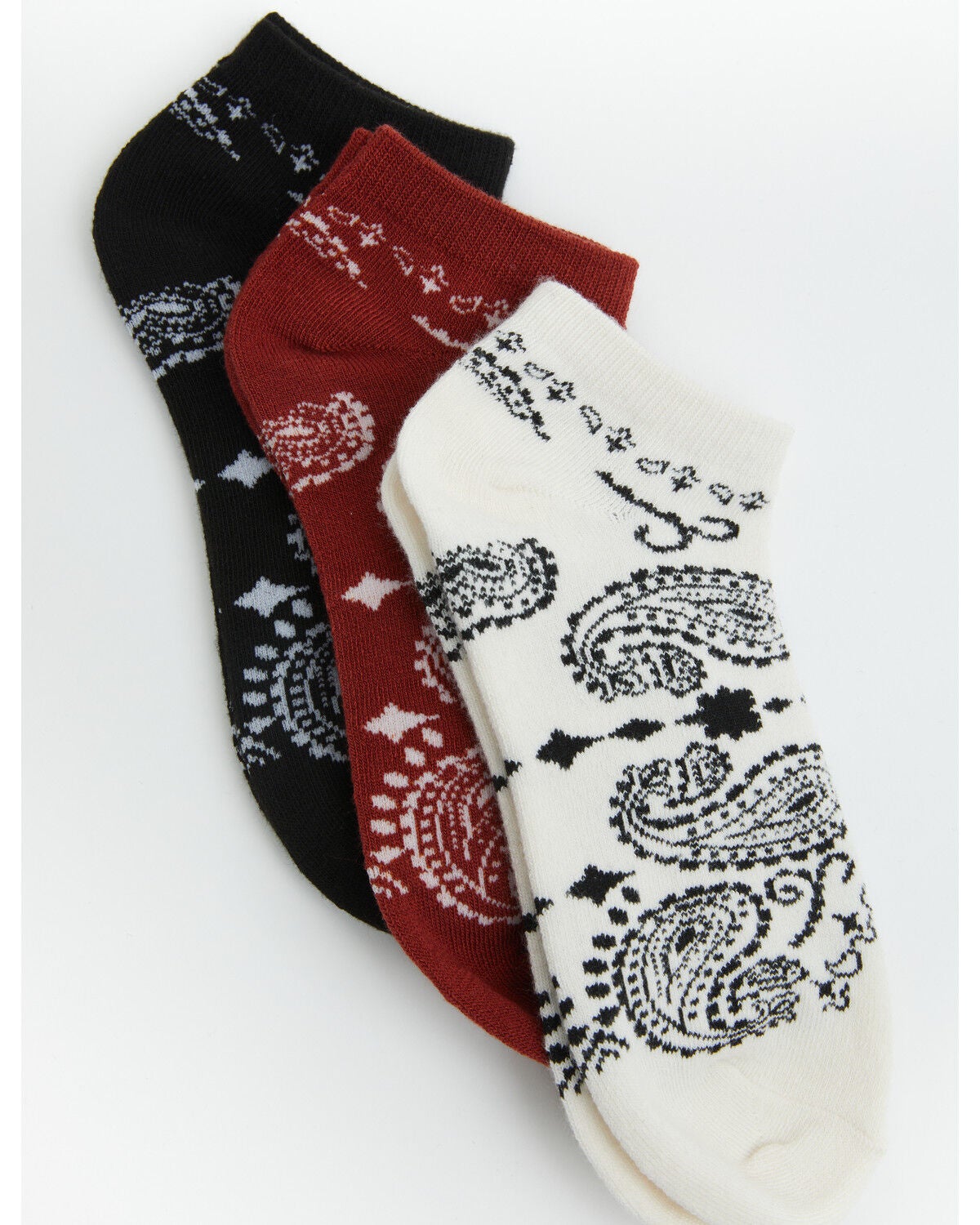 Image #1 - Boot Barn Women's Honor Bandana Print No Show Socks - 3 Pack, Red, hi-res