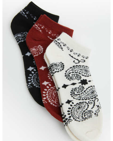 Boot Barn Women's Honor Bandana Print No Show Socks - 3 Pack, Red, hi-res