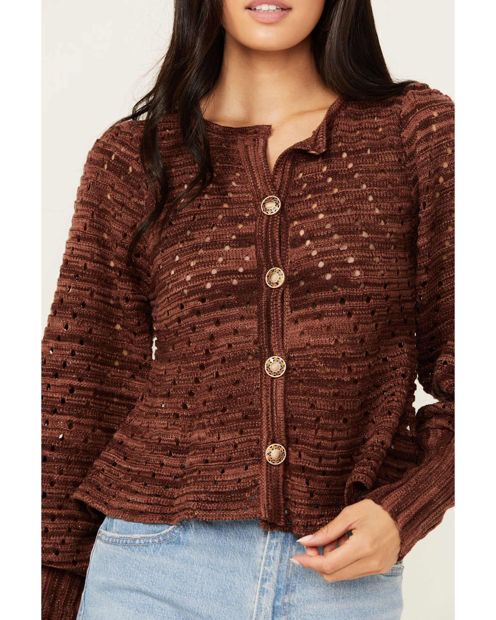Image #3 - Miss Me Women's Open Weave Cardigan, Brown, hi-res