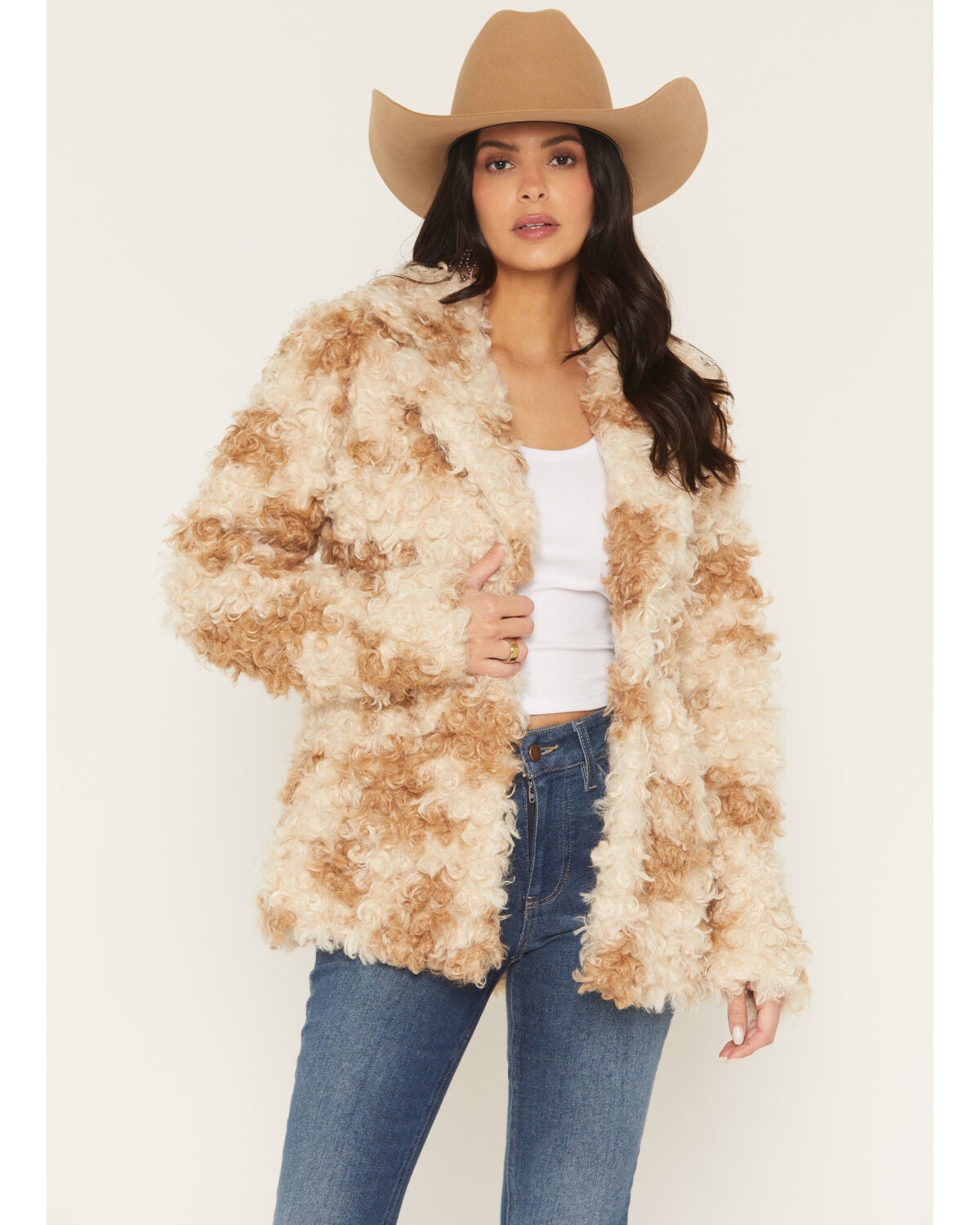 Shyanne Women's Perry Faux Fur Curly Cow Print Snap Coat, Cream, hi-res