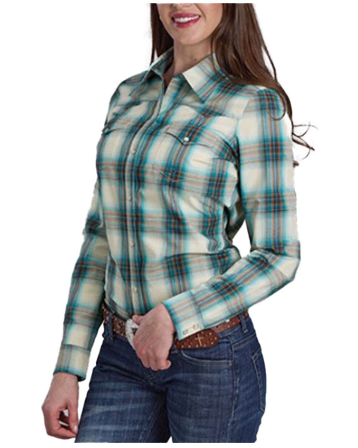 Roper Women's Amarillo Plaid Print Long Sleeve Snap Western Shirt, Teal, hi-res