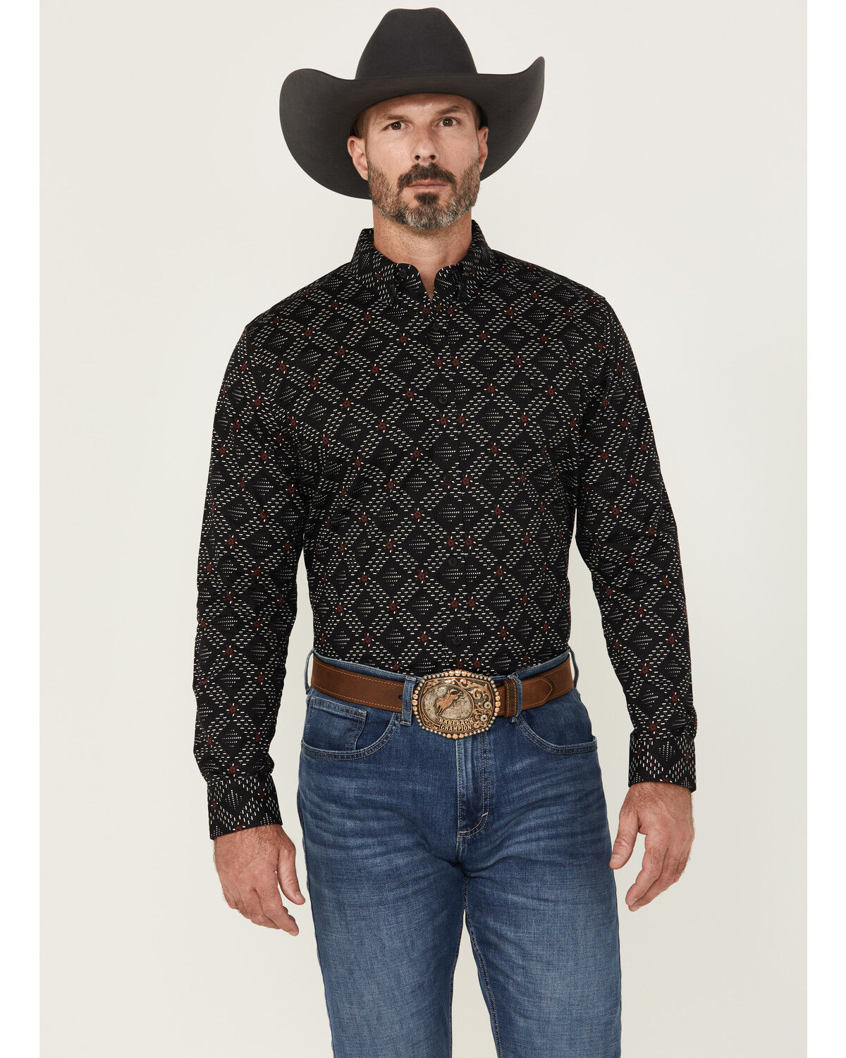 Image #1 - RANK 45® Men's Stampede Diamond Geo Print Long Sleeve Button-Down Stretch Western Shirt, Black, hi-res