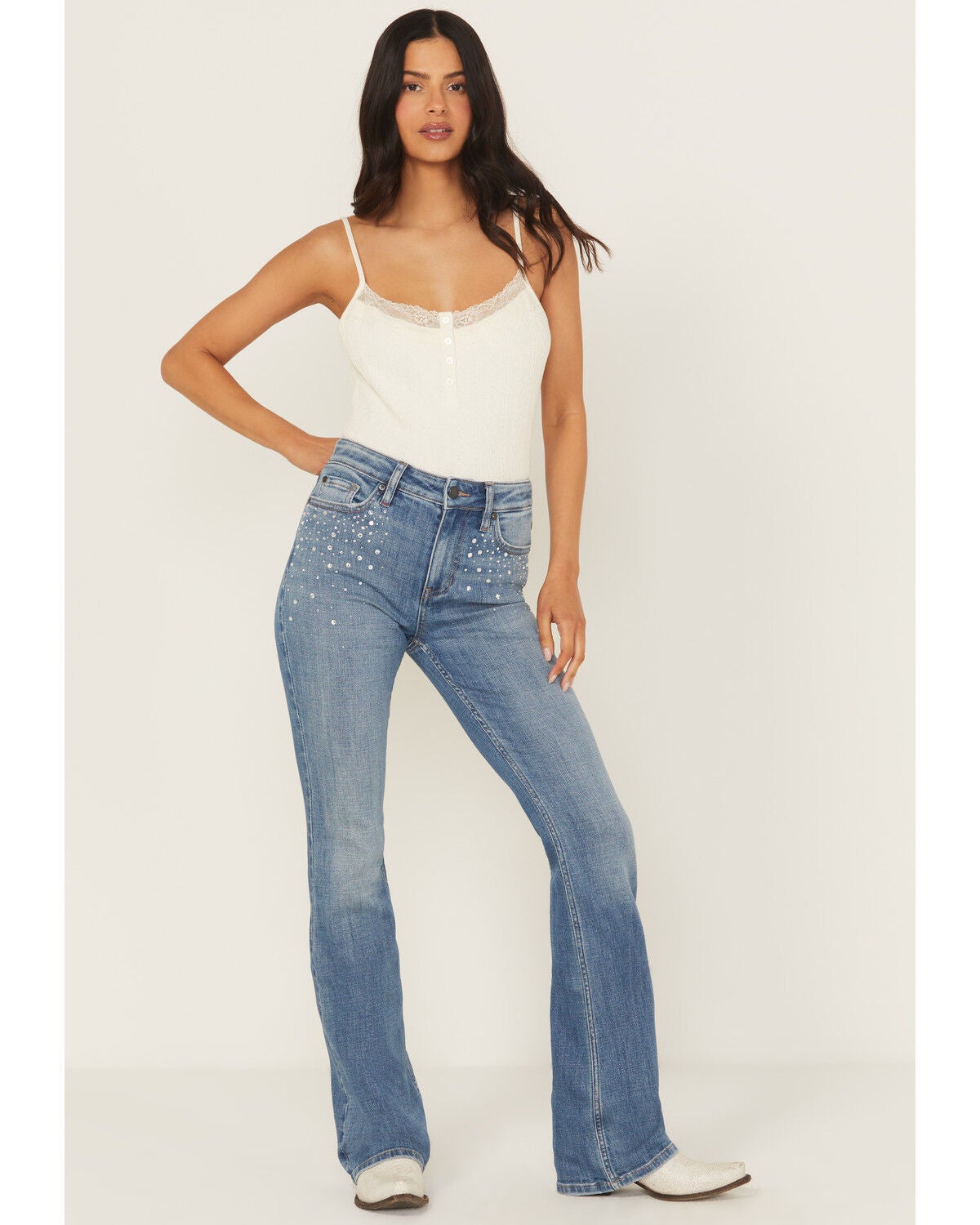 Product Name:  Shyanne Women's Senita Light Medium Wash Low Rise Bootcut Stretch Denim Jeans