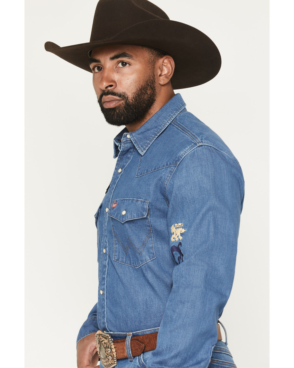 Image #2 - Wrangler X Coors Banquet Men's Embroidered Denim Long Sleeve Snap Western Shirt, Light Medium Wash, hi-res