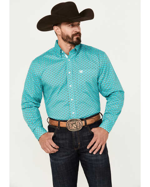 Rough Stock by Panhandle Men's Geo Print Long Sleeve Button-Down Stretch Western Shirt, Turquoise, hi-res
