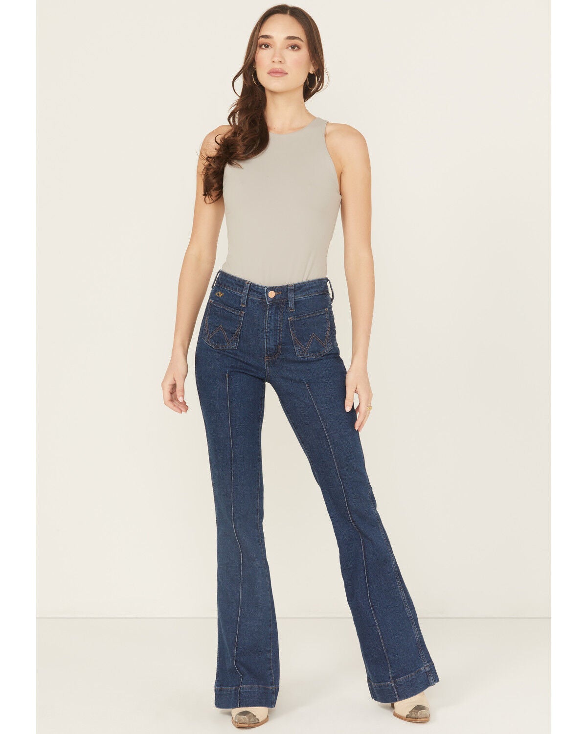Wrangler X Lainey Wilson Women's Dark Wash High Rise Moonlight Bare Back Pintuck Flare Stretch Denim Jeans, Dark Wash, hi-res