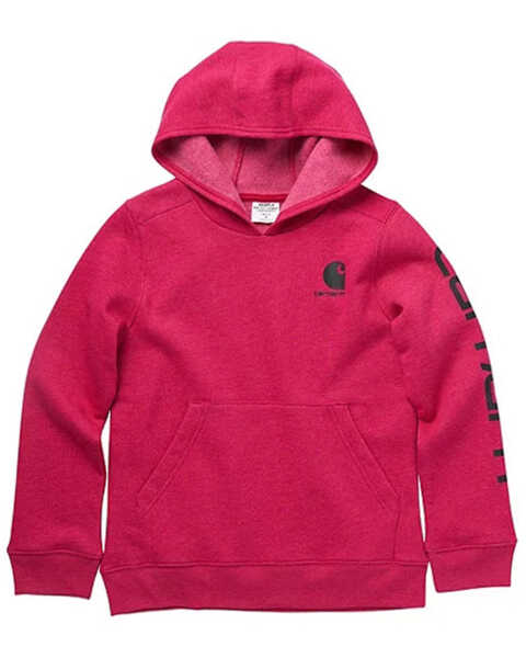 Carhartt Girls' Red Fleece Logo Sleeve Graphic Pullover Hoodie , Red, hi-res