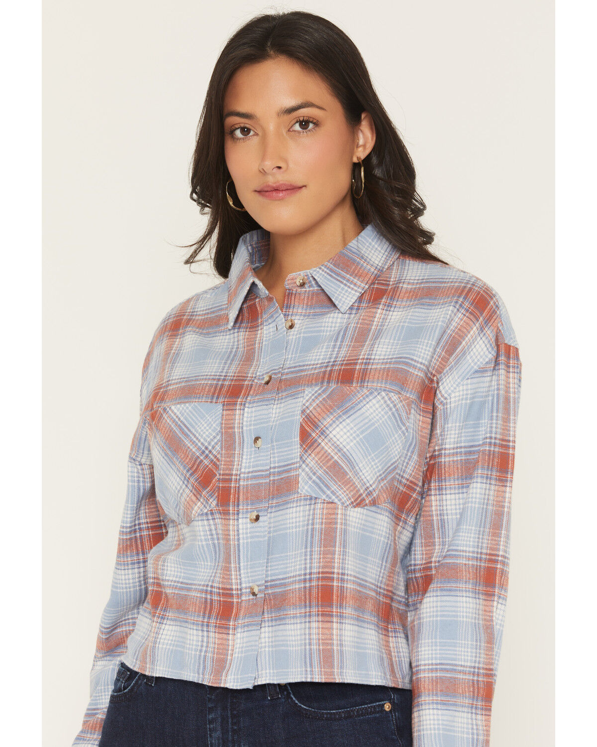 Image #2 - Ely Walker Women's Plaid Print Long Sleeve Button-Down Cropped Flannel Shirt, Blue, hi-res