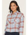 Image #2 - Ely Walker Women's Plaid Print Long Sleeve Button-Down Cropped Flannel Shirt, Blue, hi-res