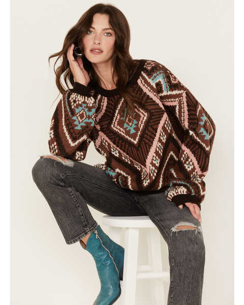 Rock & Roll Denim Women's Southwestern Print Knit Sweater, Brown, hi-res