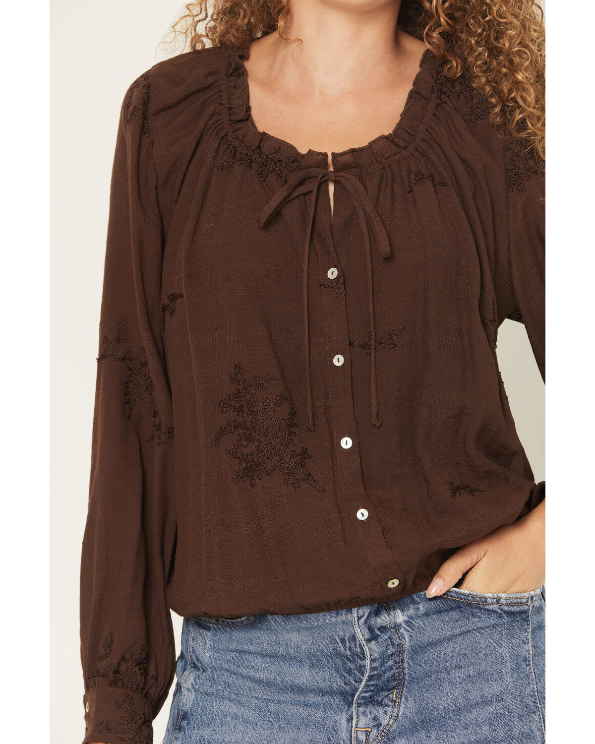 Image #3 - Wild Moss Women's Embroidered Peasant Top, Brown, hi-res