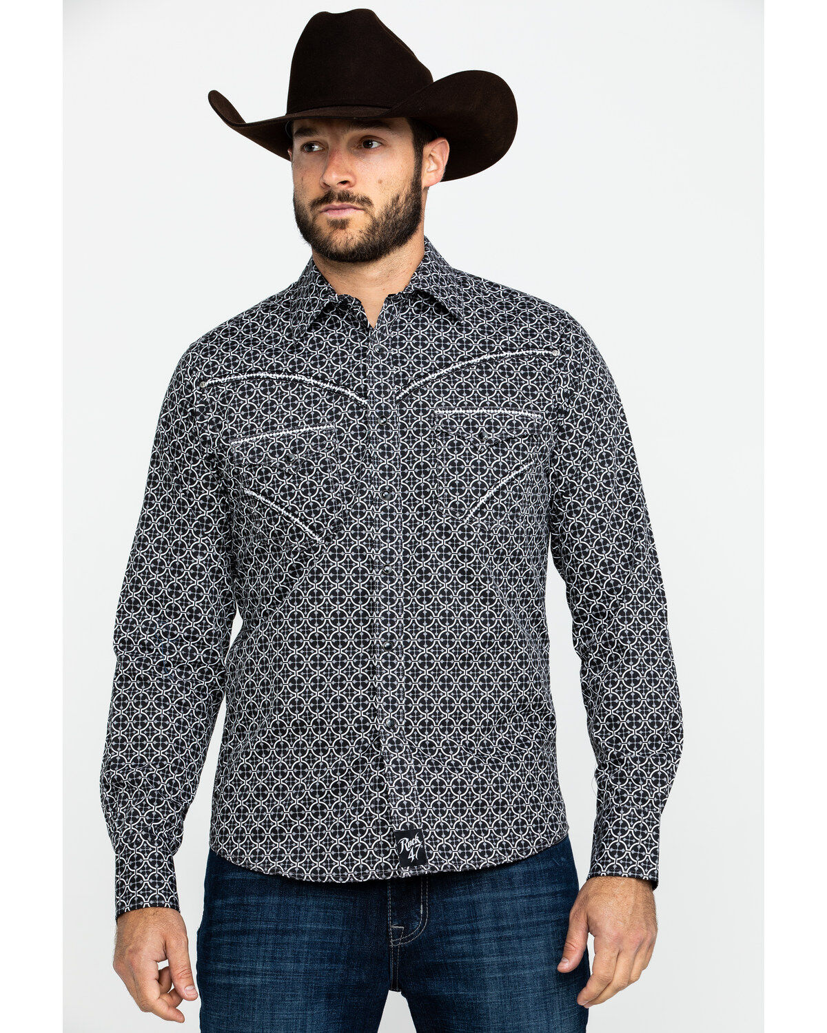 Image #1 - Rock 47 By Wrangler Men's Black Geo Print Long Sleeve Western Shirt , , hi-res