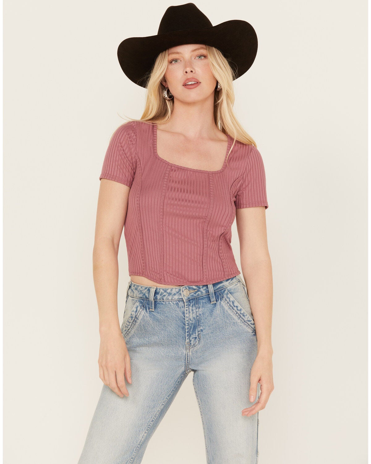 Moa Moa Women's Ribbed Corset Style Short Sleeve Top, Mauve, hi-res