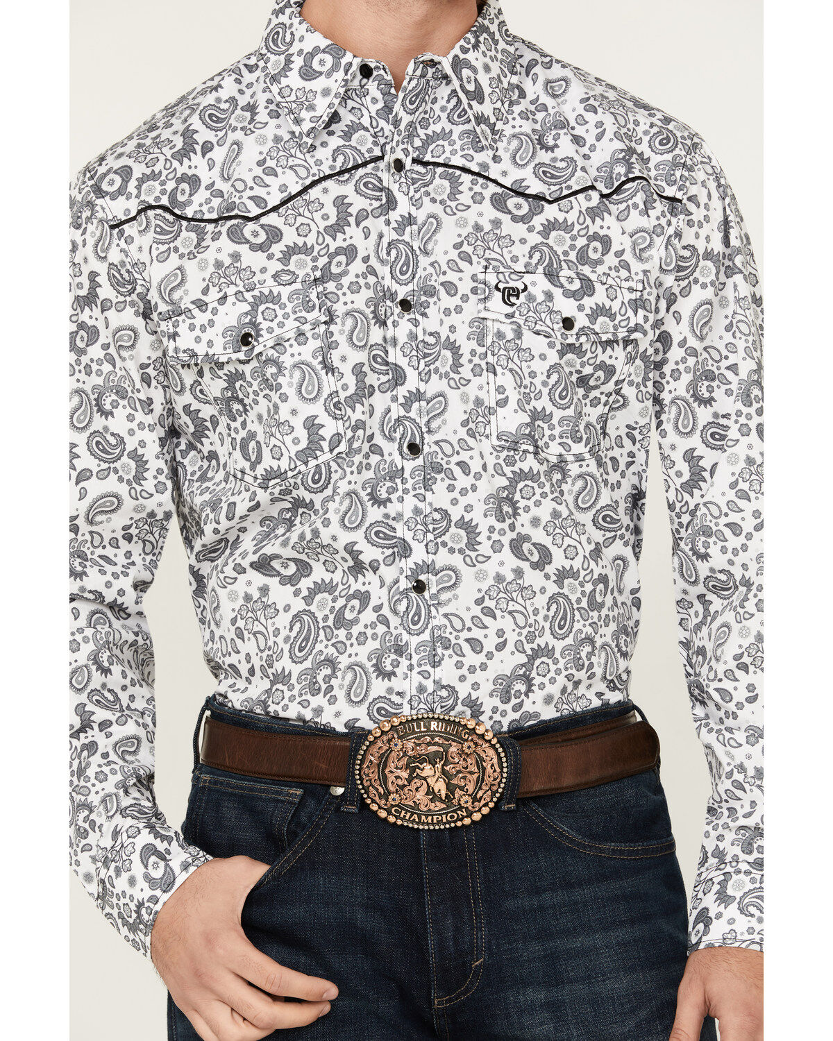 Image #3 - Cowboy Hardware Men's Paisley Print Long Sleeve Snap Western Shirt, White, hi-res