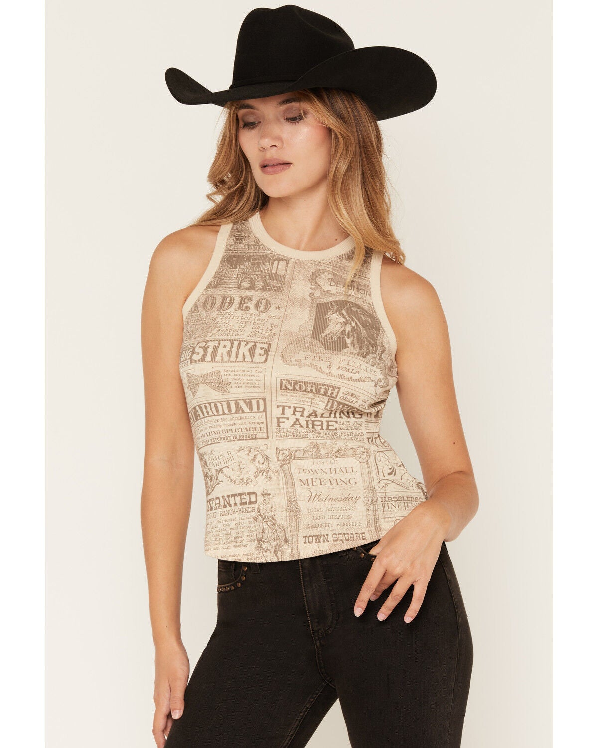 Image #1 - Shyanne Women's Newspaper Rib Knit Graphic Tank Top, Natural, hi-res