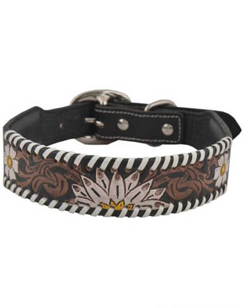 Image #2 - Myra Bag Daisy Hand Tooled Leather Dog Collar, Brown, hi-res