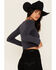 Image #4 - Originality Women's Solid Rib Knit Long Sleeve Cropped Shirt, Navy, hi-res