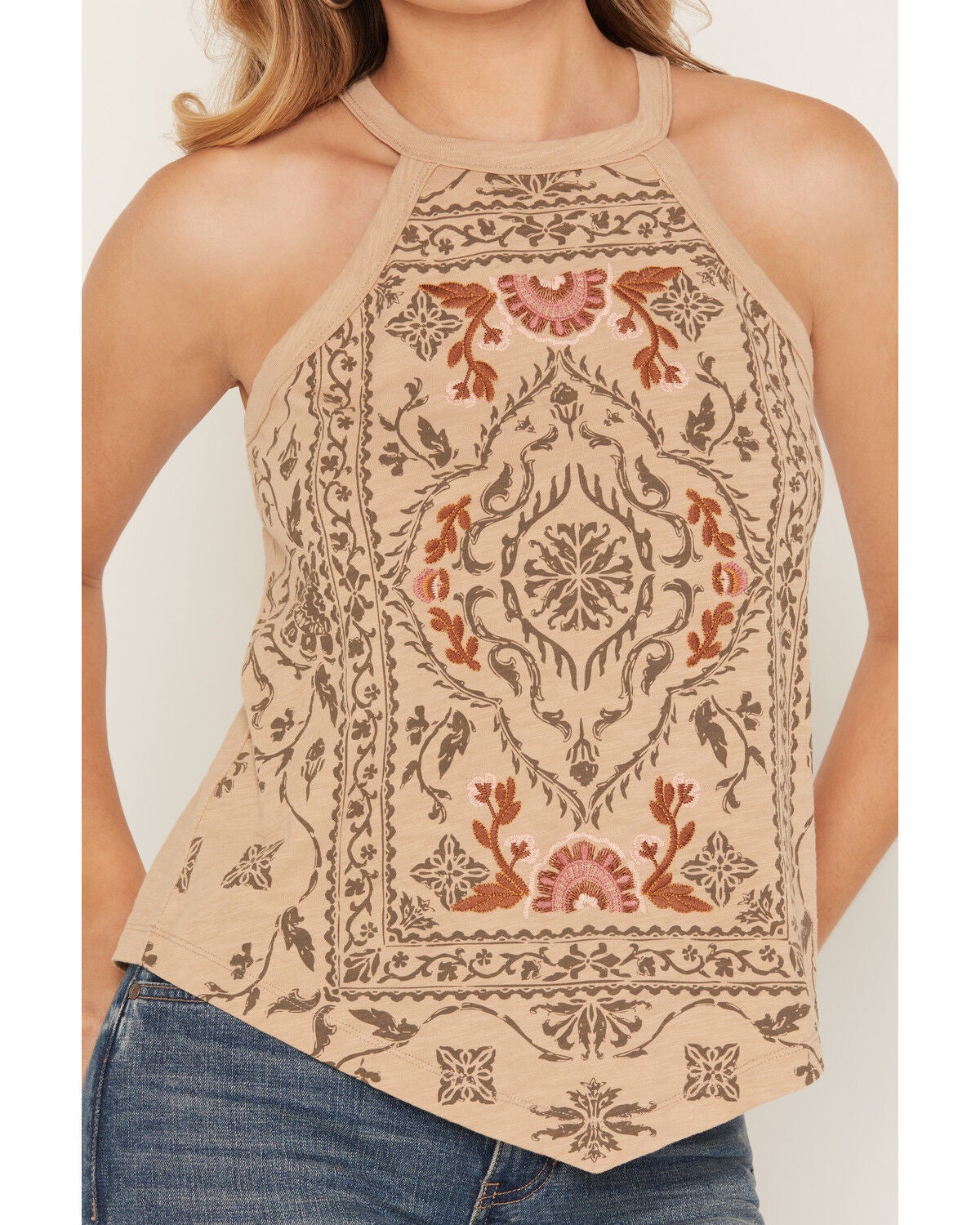 Image #3 - Shyanne Women's Wren Embroidered Hanky Hem Tank, Khaki, hi-res