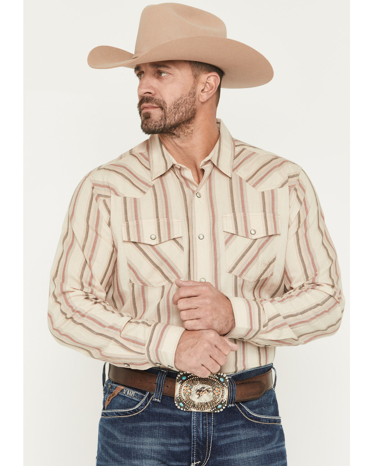 Image #1 - Ariat Men's Hines Retro Striped Long Sleeve Snap Western Shirt, Off White, hi-res