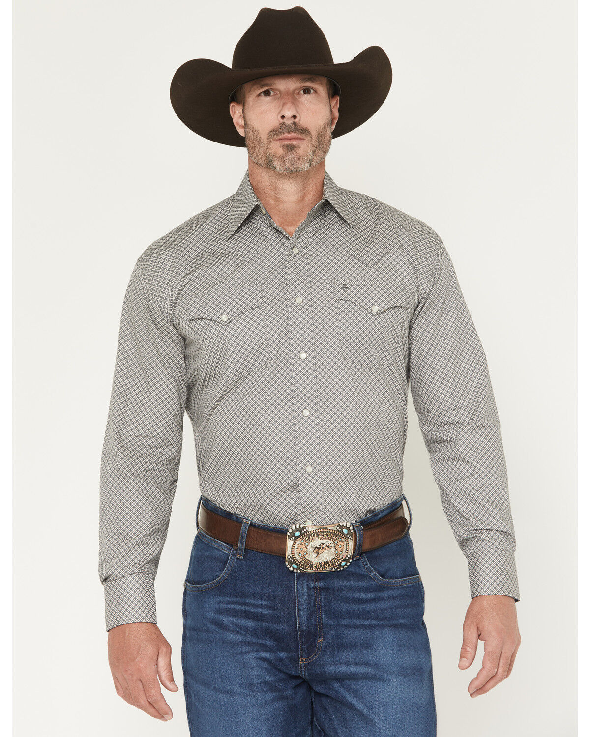 Image #1 - Stetson Men's Geo Print Long Sleeve Pearl Snap Western Shirt, Grey, hi-res