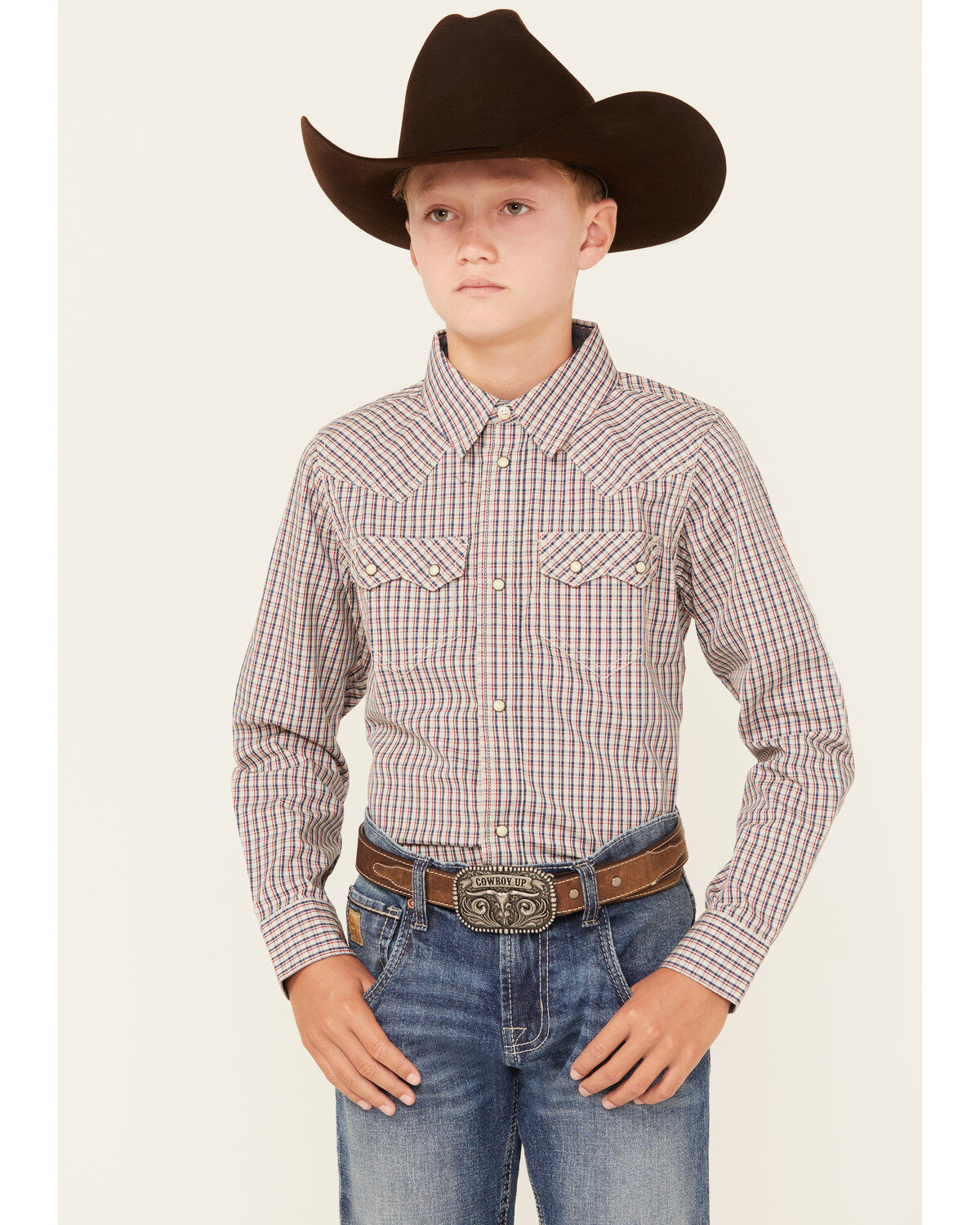 Image #1 - Cody James Boys' Rowdy Plaid Print Long Sleeve Snap Western Shirt, Tan, hi-res