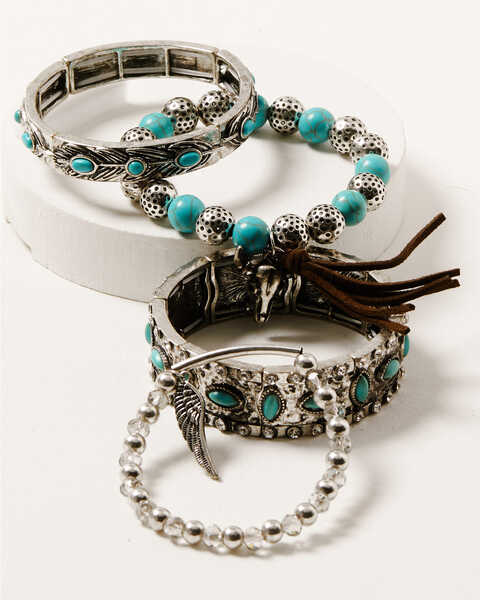 Shyanne Women's 4-piece Silver Longhorn & Turquoise Beaded Bracelet Set, Silver, hi-res