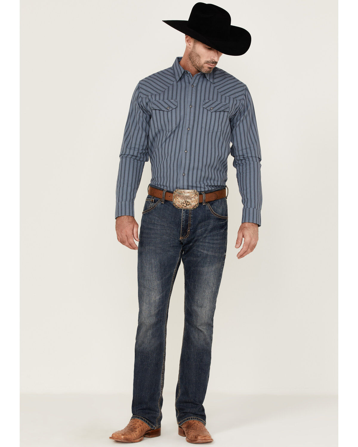 Image #3 - Blue Ranchwear Men's Yarn-Dye Stripe Long Sleeve Snap Western Workshirt, Indigo, hi-res