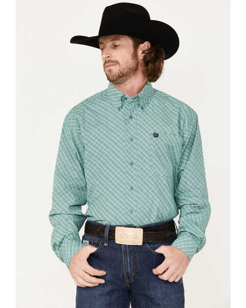 Cinch Men's Small Plaid Western Shirt , Green, hi-res