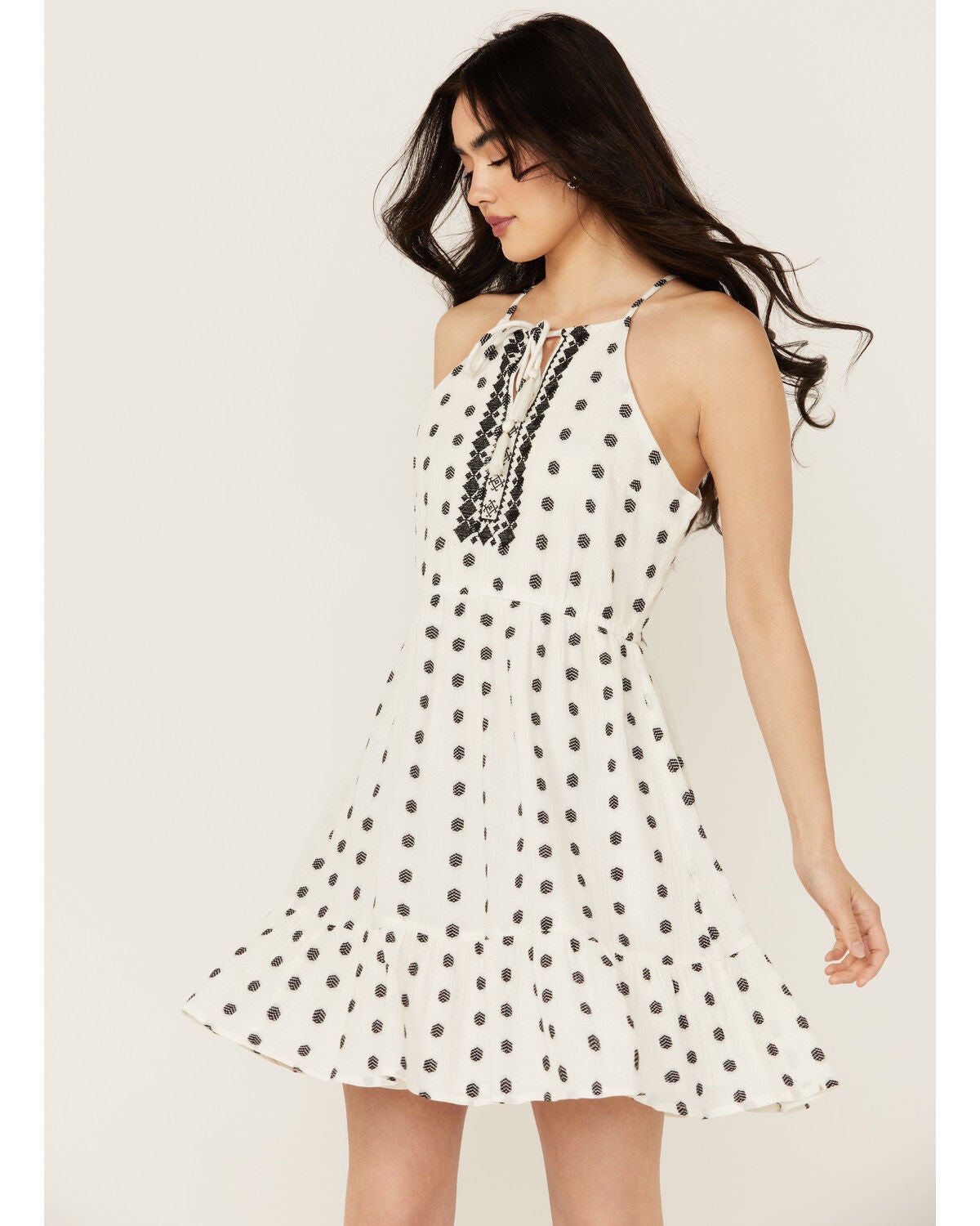 Idyllwind Women's Zelida Embroidered Halter Neck Mini Dress, Ivory, hi-res