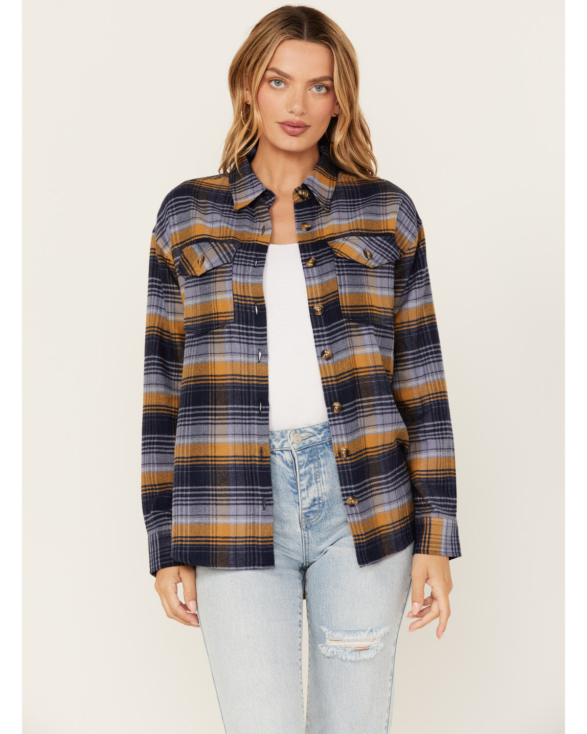 Image #1 - Cleo + Wolf Women's Long Sleeve Button-Down Flannel Boyfriend Shirt, Navy, hi-res