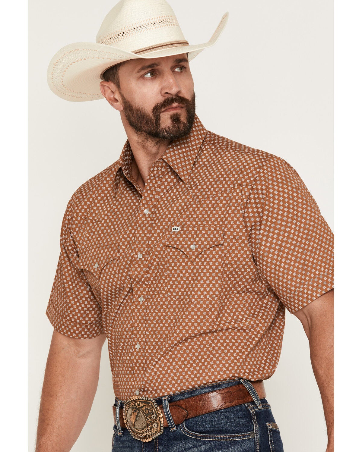 Image #2 - Ely Walker Men's Geo Print Short Sleeve Pearl Snap Western Shirt - Tall, Tan, hi-res