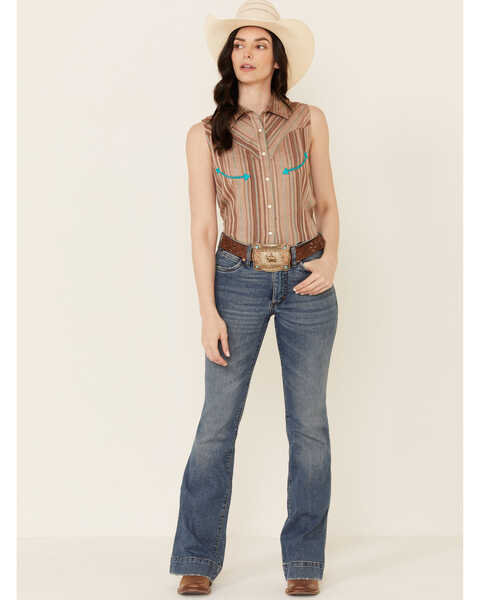 Panhandle Women's Retro Textured Stripe Sleeveless Snap Western Core Shirt , Brown, hi-res