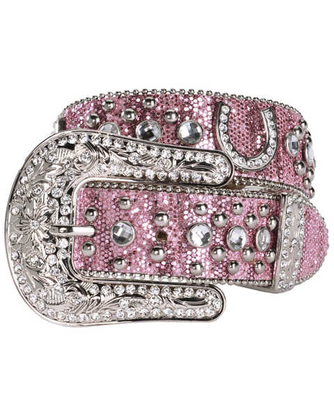 Image #1 - Nocona Belt Co. Kid's Pink Glitter Horseshoe Belt, Pink, hi-res