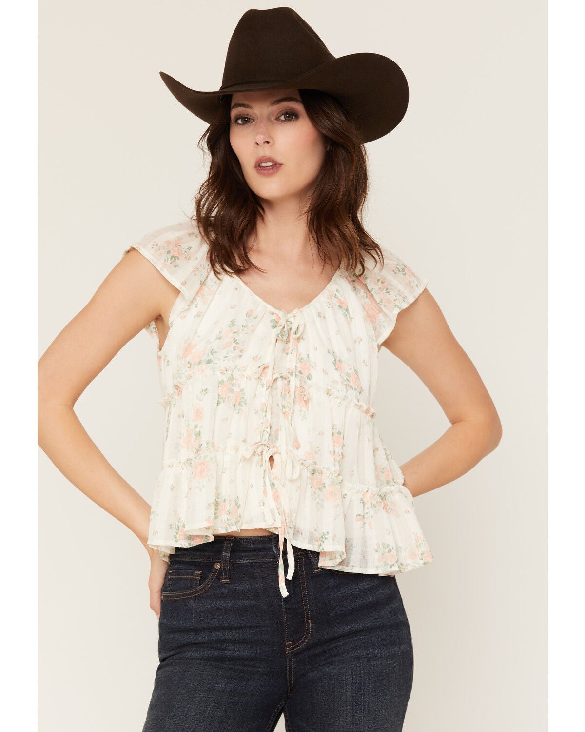 Ash & Violet Women's Floral Print Tie-Front Tiered Blouse, Ivory, hi-res