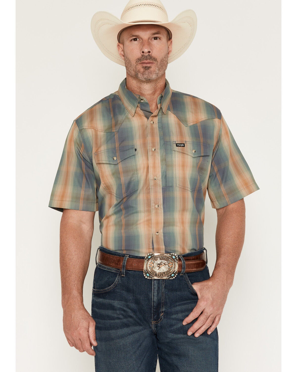 Wrangler Men's ATG Turbulence Plaid Print Short Sleeve Snap Performance Western Shirt, Multi, hi-res