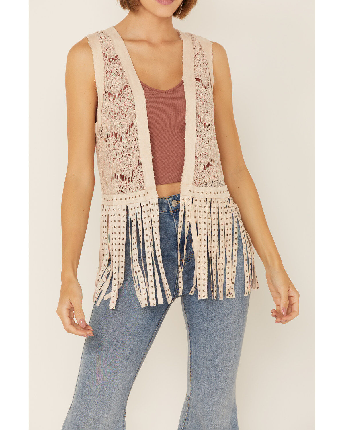 Image #3 - Vocal Women's Lace Studded Fringe Vest, Natural, hi-res